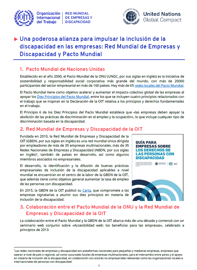 "Una poderosa alianza para impulsar la inclusión de la discapacidad en las empresas: Red Mundial de Empresas y Discapacidad y Pacto Mundial"