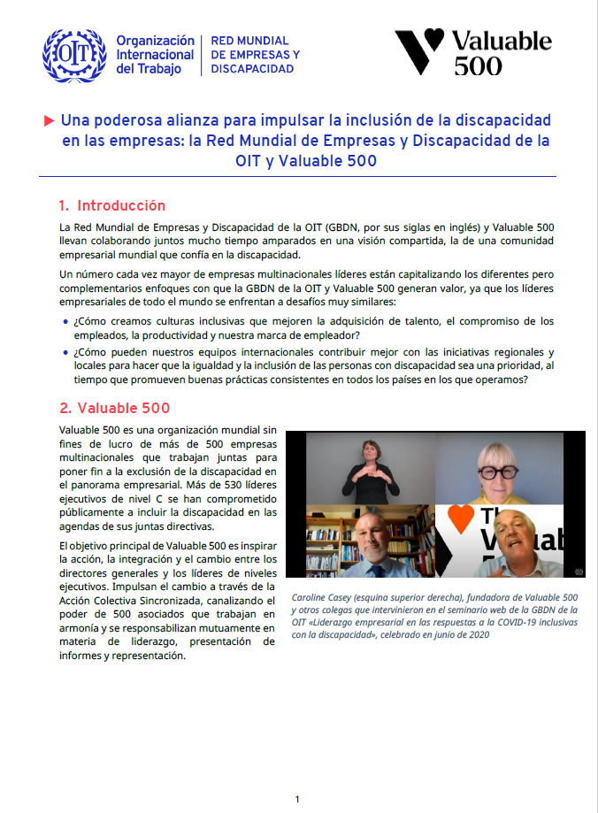 "Una poderosa alianza para impulsar la inclusión de la discapacidad en las empresas: la Red Mundial de Empresas y Discapacidad de la OIT y Valuable 500"