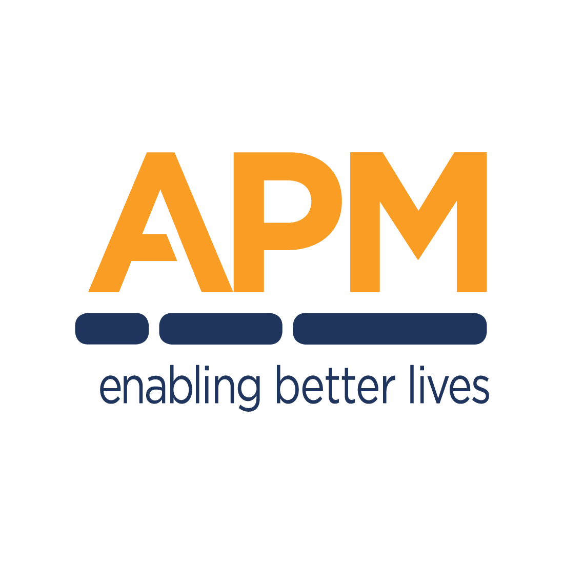 "APM" in orange letters and "enabling better lives" in navy blue text below.