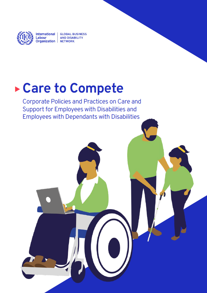 An animated person using a wheelchair on their laptop and another animated person helping a child. 