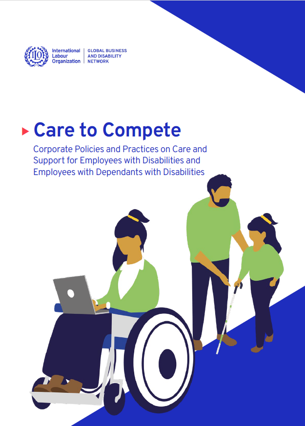 Animated images of a person using a wheelchair on their laptop and another person helping a younger person.