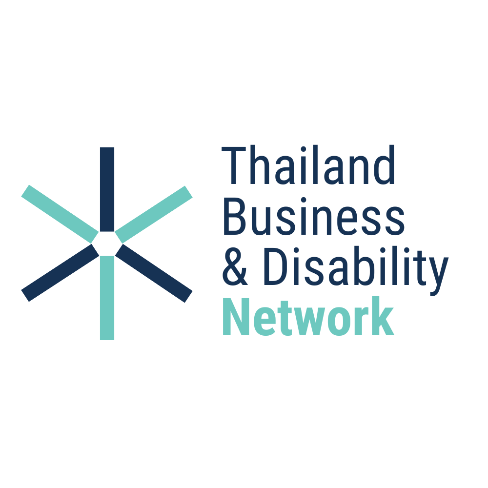 «Thailand Business & Disability Network» en texto azul sobre fondo blanco.