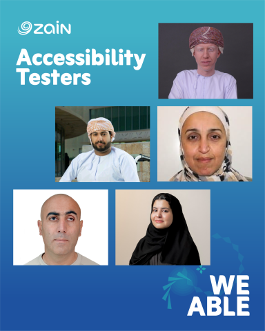Photos of five different people on a blue background. "Accessibility Testers" in white text. 
