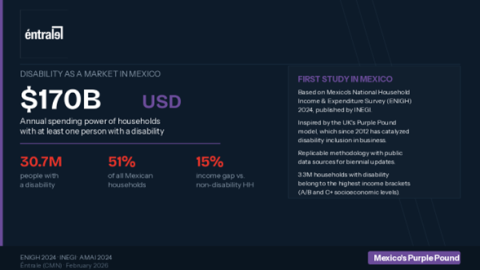 Infographic by Éntrale (CMN) presenting key findings from Mexico's first study on disability purchasing power: $170 billion USD in annual spending by households with at least one person with a disability, 30.7 million people with a disability, 51% of all Mexican households, and a 15% income gap. Methodology inspired by the UK's Purple Pound model, based on ENIGH 2024 data published by INEGI. February 2026.