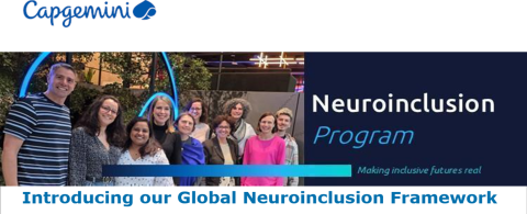 A group of people smiling with a blue light and trees behind them. "Neuroinclusion Program" on a dark blue background. 