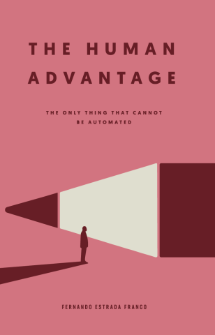 "The Human Advantage: The Only Thing That Cannot Be Automated" in red text on a pink background. A red and pink animation of a person next to a large pencil. 